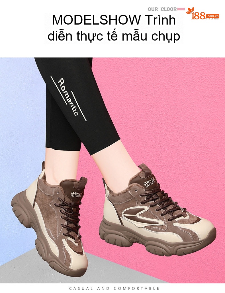 Giày Thể Thao Nữ Đế Dày Da Mờ Lót Lông Chiều Cao Đế Khoảng 5cm Màu Đen, Nâu chi tiết 11