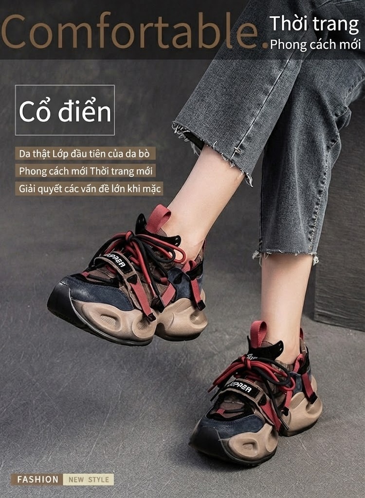 Giày Thể Thao Nữ Đế Dày Kiểu Dáng Chunky Chiều Cao Đế Khoảng 5cm Màu Nâu, Xanh Rêu, Đỏ, Đen... chi tiết 2