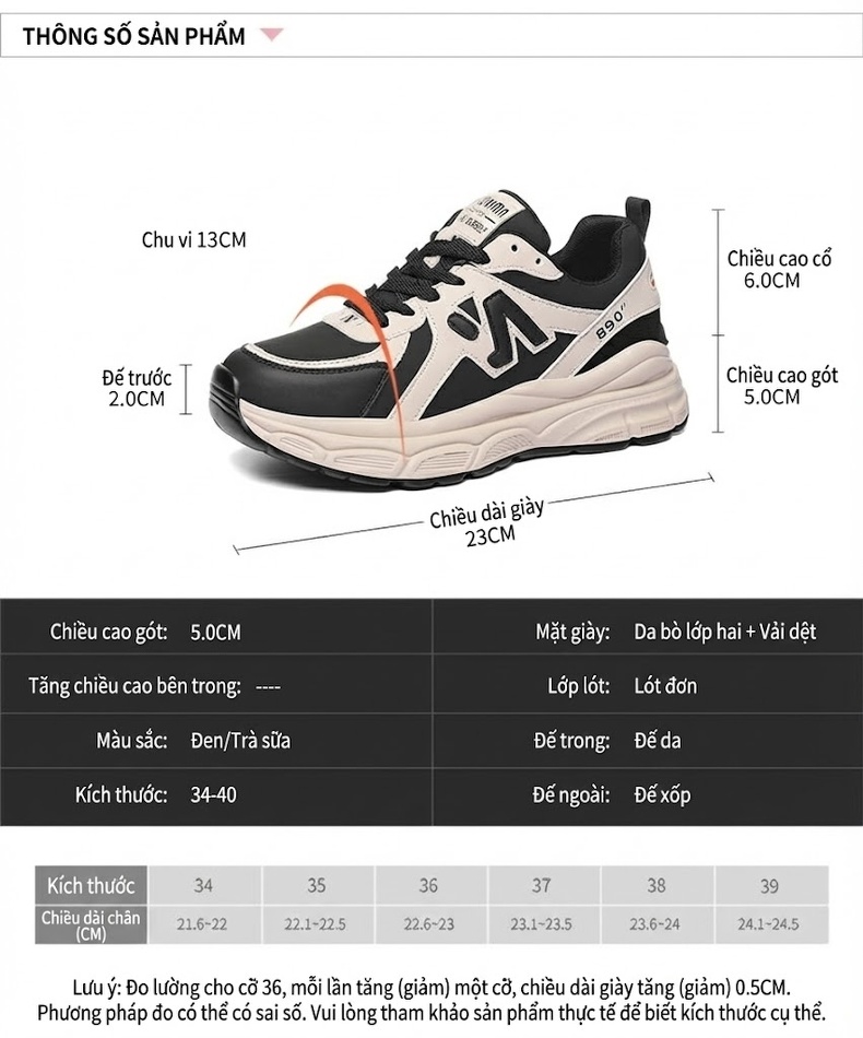 Giày Thể Thao Nữ Đế Dày Phong Cách Ulzzang Chiều Cao Đế Khoảng 5cm Màu Đen, Nâu chi tiết 3