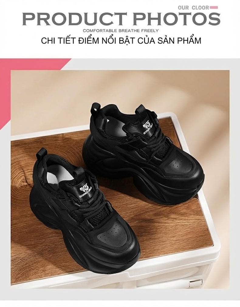 Giày Thể Thao Nữ Đế Dày Phong Cách Ulzzang Chiều Cao Đế Khoảng 5cm Màu Đen, Trắng chi tiết 4