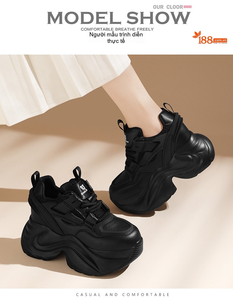 Giày Thể Thao Nữ Đế Dày Phong Cách Ulzzang Chiều Cao Đế Khoảng 5cm Màu Đen, Trắng chi tiết 5
