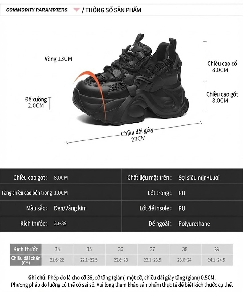 Giày Thể Thao Nữ Đế Dày Phong Cách Ulzzang Chiều Cao Đế Khoảng 5cm Màu Đen, Trắng chi tiết 5