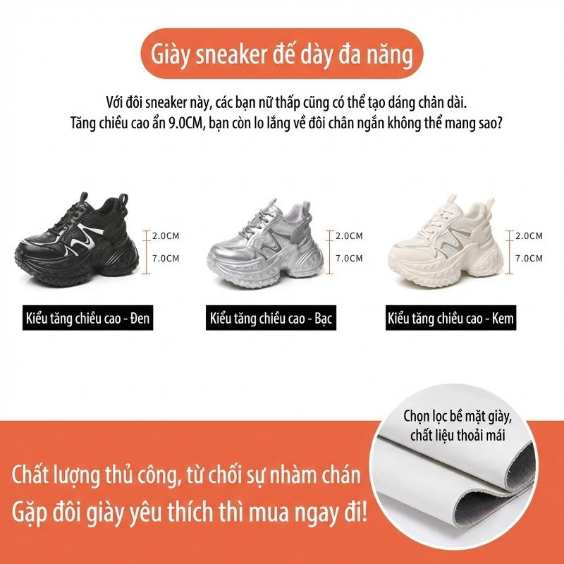 Giày Thể Thao Nữ Đế Dày Phong Cách Ulzzang Chiều Cao Đế Khoảng 7cm Màu Trắng, Đen, Bạc