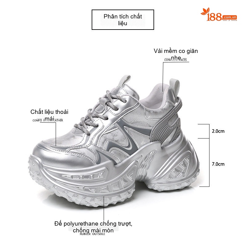 Giày Thể Thao Nữ Đế Dày Phong Cách Ulzzang Chiều Cao Đế Khoảng 7cm Màu Trắng, Đen, Bạc chi tiết 3