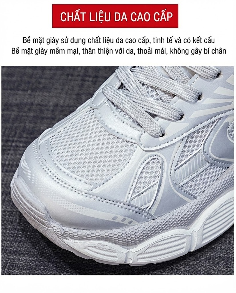 Giày Thể Thao Nữ Đế Dày Siêu Nhẹ Chiều Cao Đế Khoảng 5cm Màu Trắng, Xám, Be, Bạc chi tiết 7