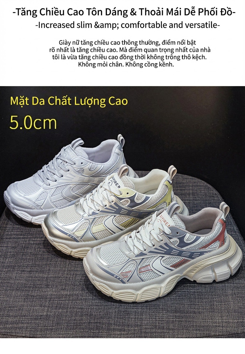 Giày Thể Thao Nữ Đế Dày Siêu Nhẹ Chiều Cao Đế Khoảng 5cm Màu Trắng, Xám, Be, Bạc chi tiết 2
