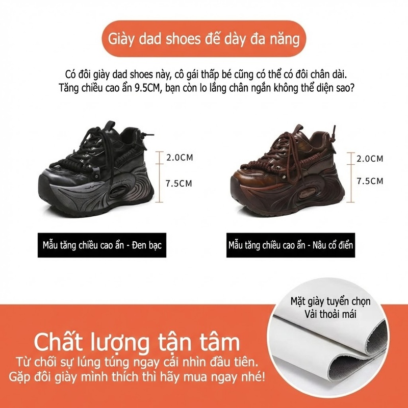 Giày Thể Thao Nữ Đế Dày Tăng Chiều Cao 7.5cm Phong Cách Vintage Màu Nâu, Đen