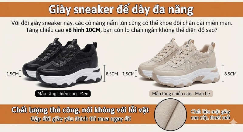 Giày Thể Thao Nữ Đế Dày Tăng Chiều Cao Chiều Cao Đế Khoảng 8.5cm Lót Lông Giữ Ấm Màu Đen, Trắng