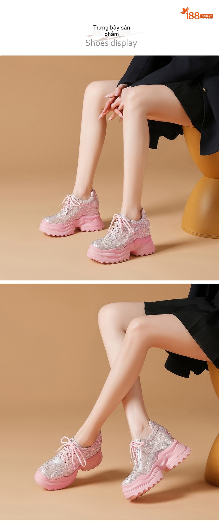 Giày Thể Thao Nữ Đế Dày Tăng Chiều Cao Khoảng 10cm Đính Đá Màu Hồng, Đen, Trắng chi tiết 1