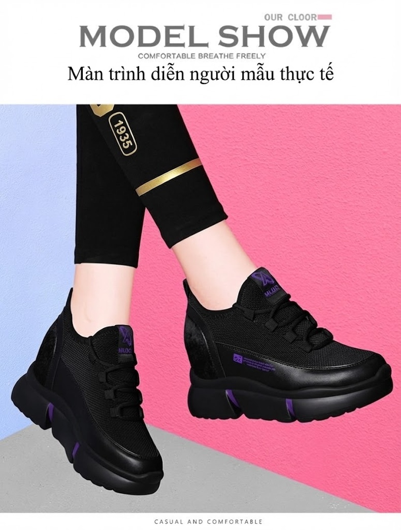 Giày Thể Thao Nữ Đế Mềm Chiều Cao Đế Khoảng 5cm Màu Đen chi tiết 10