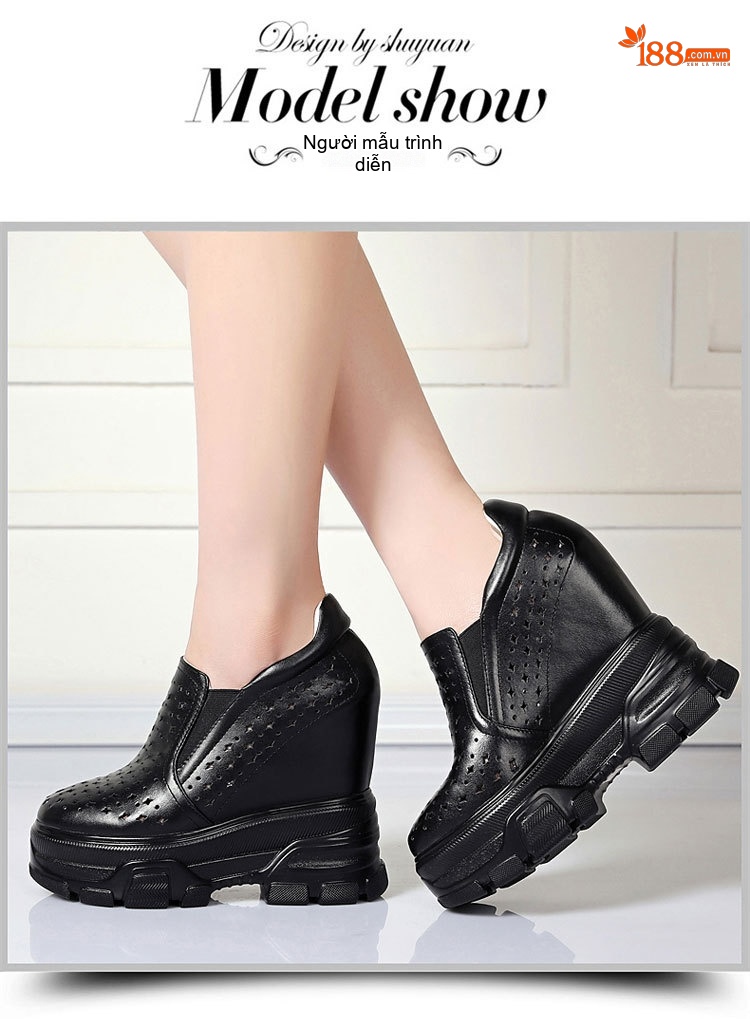 Giày Thể Thao Nữ Đế Xuồng Da Bóng Chiều Cao Đế Khoảng 8cm Màu Đen, Trắng chi tiết 1