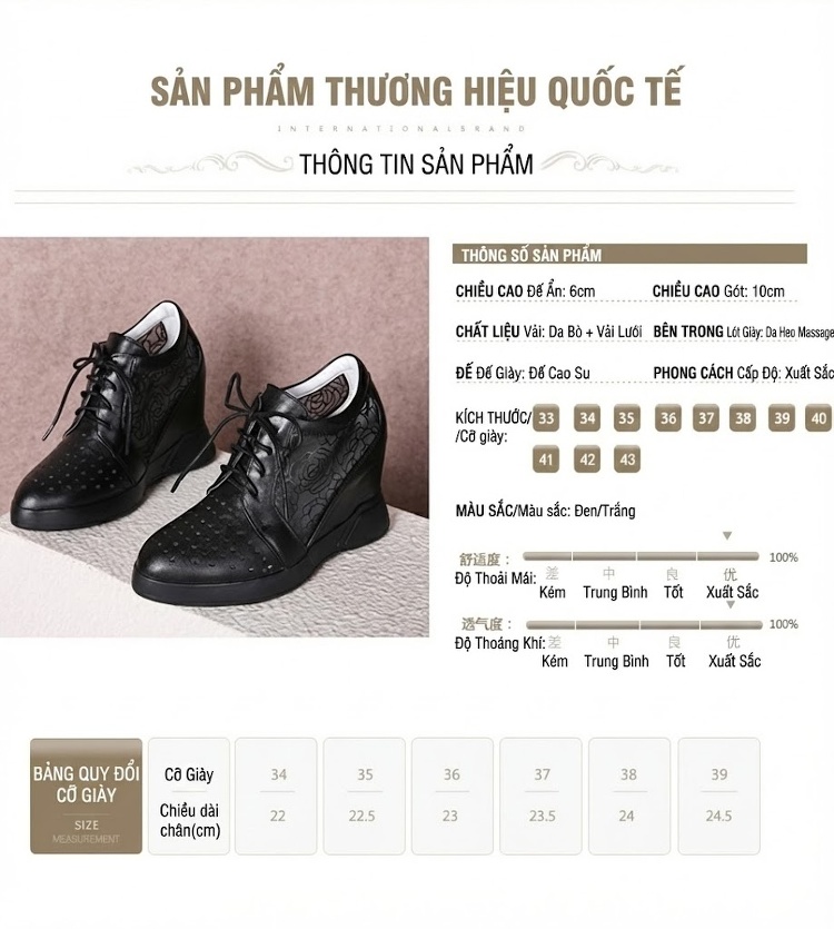 Giày Thể Thao Nữ Đế Xuồng Dây Buộc Chiều Cao Đế Khoảng 10cm Màu Trắng, Đen chi tiết 12