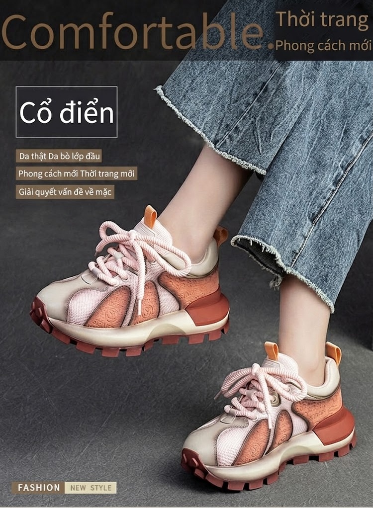 Giày Thể Thao Nữ Lưới Thoáng Khí Đế Bánh Mì Chiều Cao Đế Khoảng 5cm Màu Be, Nâu, Xám, Hồng... chi tiết 1