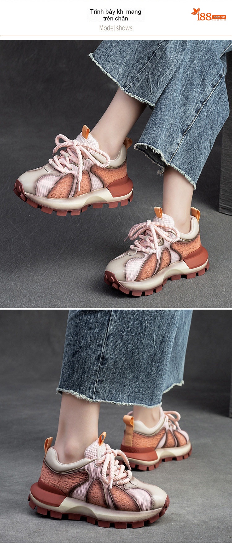 Giày Thể Thao Nữ Lưới Thoáng Khí Đế Bánh Mì Chiều Cao Đế Khoảng 5cm Màu Be, Nâu, Xám, Hồng... chi tiết 6