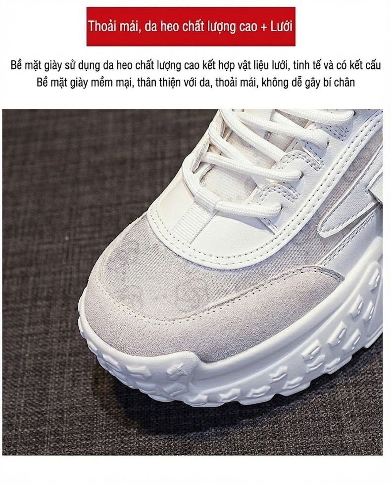 Giày Thể Thao Nữ Lưới Thoáng Khí Đế Dày Chiều Cao Đế Khoảng 5cm Màu Hồng, Trắng, Vàng, Bạc... chi tiết 8