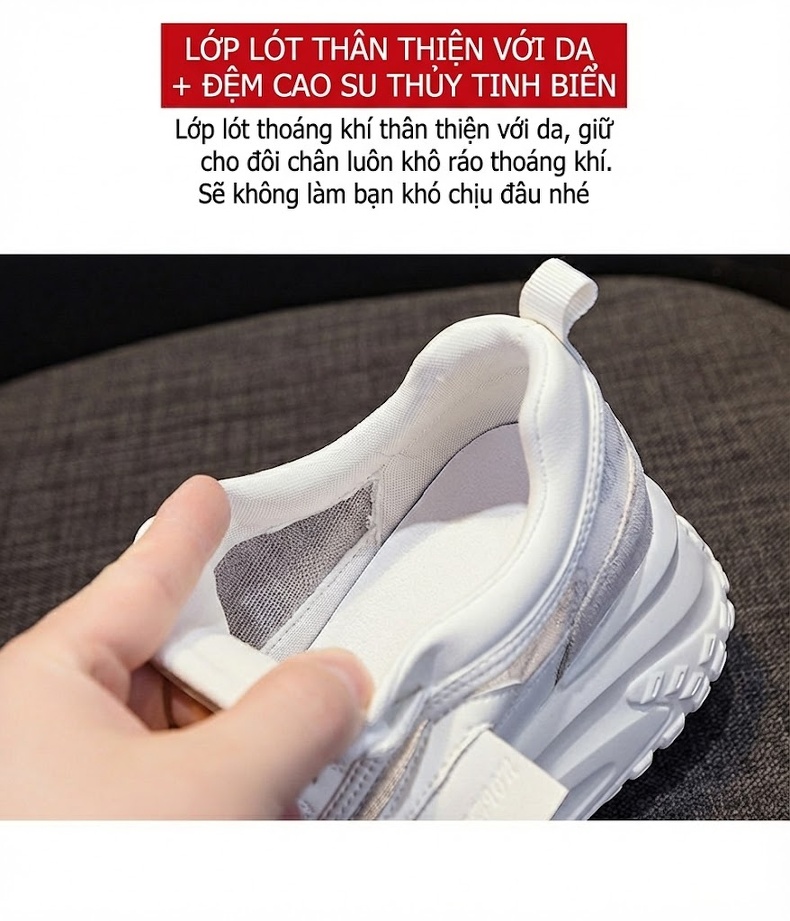 Giày Thể Thao Nữ Lưới Thoáng Khí Đế Dày Chiều Cao Đế Khoảng 5cm Màu Hồng, Trắng, Vàng, Bạc... chi tiết 9