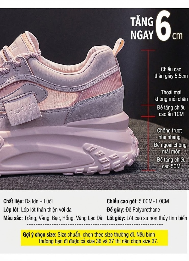 Giày Thể Thao Nữ Lưới Thoáng Khí Đế Dày Chiều Cao Đế Khoảng 5cm Màu Hồng, Trắng, Vàng, Bạc... chi tiết 5