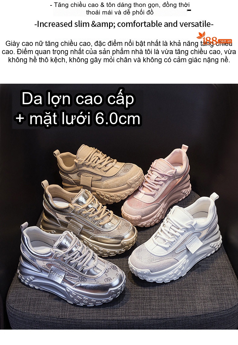 Giày Thể Thao Nữ Lưới Thoáng Khí Đế Dày Chiều Cao Đế Khoảng 5cm Màu Hồng, Trắng, Vàng, Bạc... chi tiết 2