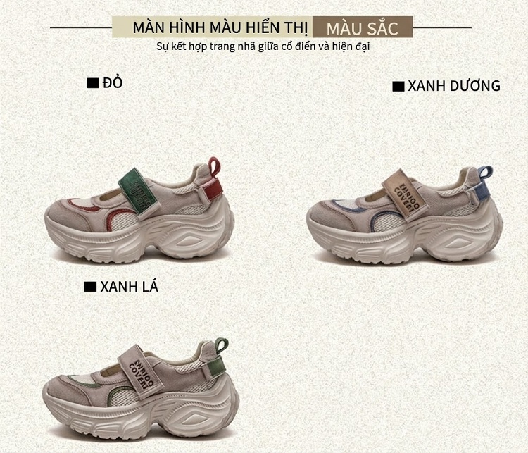 Giày Thể Thao Nữ Lưới Thoáng Khí Đế Dày Chiều Cao Đế Khoảng 5cm Quai Dán Màu Be, Trắng chi tiết 3