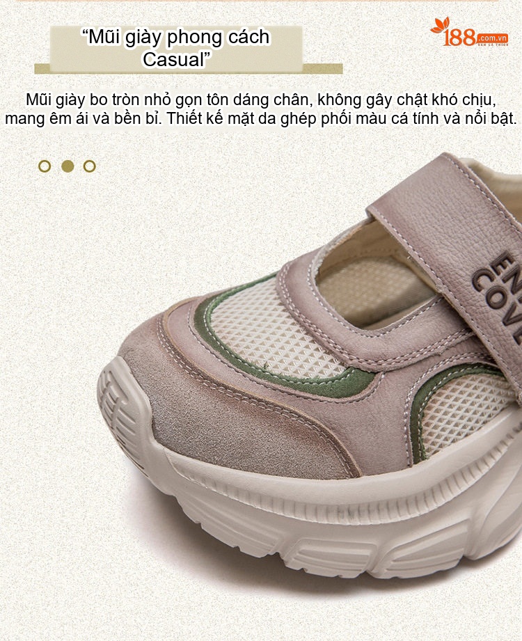 Giày Thể Thao Nữ Lưới Thoáng Khí Đế Dày Chiều Cao Đế Khoảng 5cm Quai Dán Màu Be, Trắng chi tiết 5