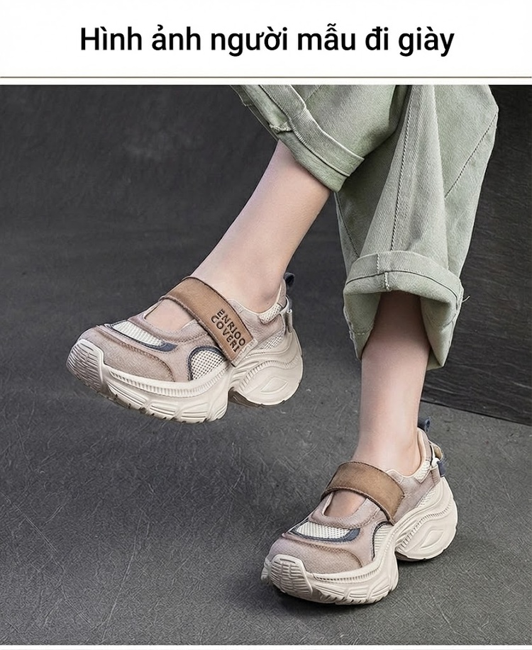 Giày Thể Thao Nữ Lưới Thoáng Khí Đế Dày Chiều Cao Đế Khoảng 5cm Quai Dán Màu Be, Trắng chi tiết 8