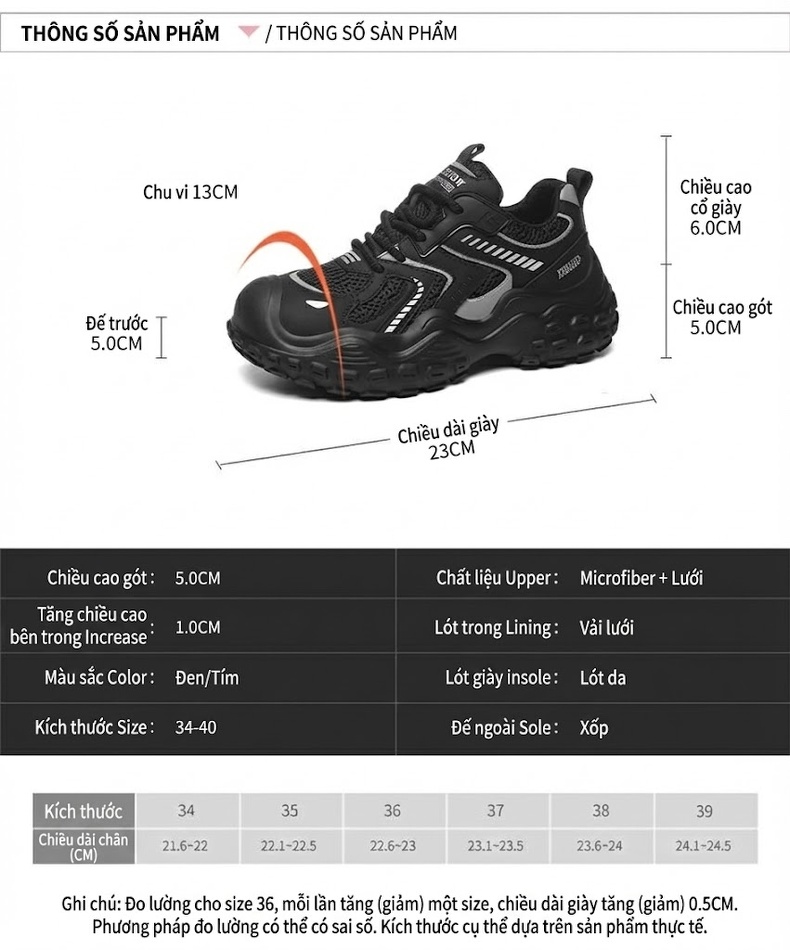 Giày Thể Thao Nữ Lưới Thoáng Khí Đế Mềm Chiều Cao Đế Khoảng 4cm Màu Đen, Tím chi tiết 3