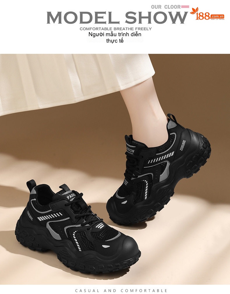 Giày Thể Thao Nữ Lưới Thoáng Khí Đế Mềm Chiều Cao Đế Khoảng 4cm Màu Đen, Tím chi tiết 5