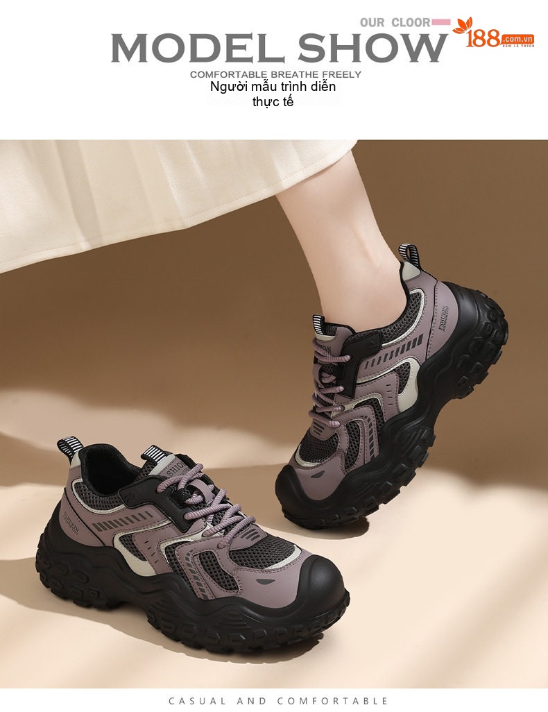 Giày Thể Thao Nữ Lưới Thoáng Khí Đế Mềm Chiều Cao Đế Khoảng 4cm Màu Đen, Tím chi tiết 10