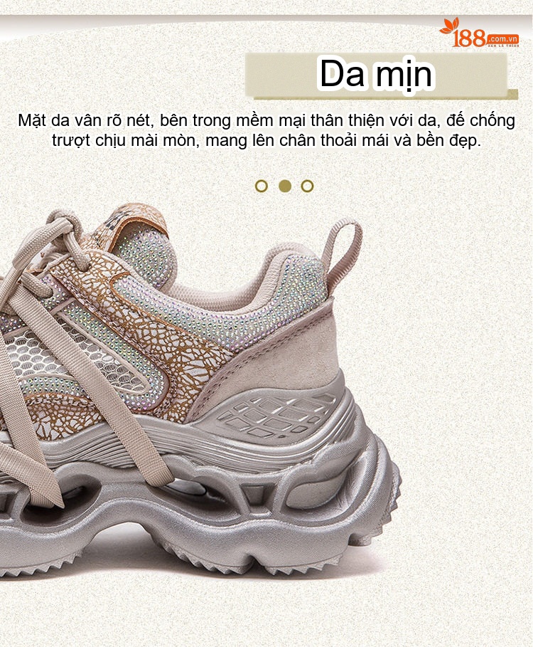 Giày Thể Thao Nữ Lưới Thoáng Khí Đính Đá Thời Trang Chiều Cao Đế Khoảng 5cm Màu Bạc, Kem chi tiết 3