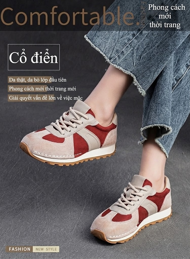 Giày Thể Thao Nữ Phối Màu Da Mờ Chiều Cao Đế Khoảng 3cm Màu Đỏ, Kem, Nâu chi tiết 2