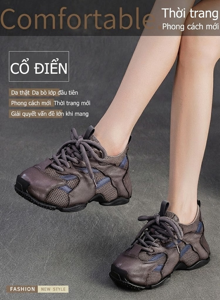 Giày Thể Thao Nữ Phong Cách Anh Quốc Lưới Thoáng Khí Chiều Cao Đế Khoảng 4cm Màu Nâu chi tiết 1