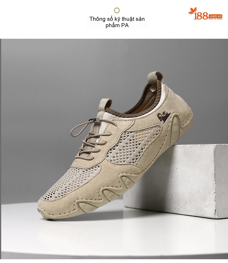 Giày Thể Thao/Sneaker Nam Lưới Thoáng Khí Da Mờ Chiều Cao Đế Khoảng 2cm Màu Be, Đen, Xám chi tiết 6