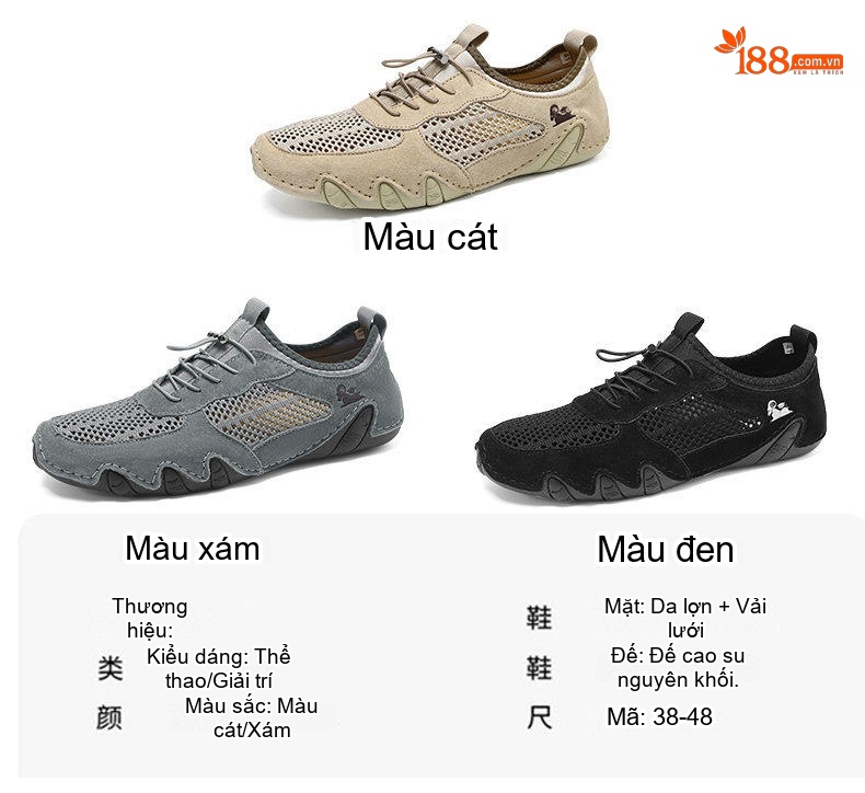 Giày Thể Thao/Sneaker Nam Lưới Thoáng Khí Da Mờ Chiều Cao Đế Khoảng 2cm Màu Be, Đen, Xám chi tiết 7