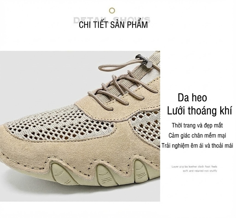 Giày Thể Thao/Sneaker Nam Lưới Thoáng Khí Da Mờ Chiều Cao Đế Khoảng 2cm Màu Be, Đen, Xám chi tiết 8