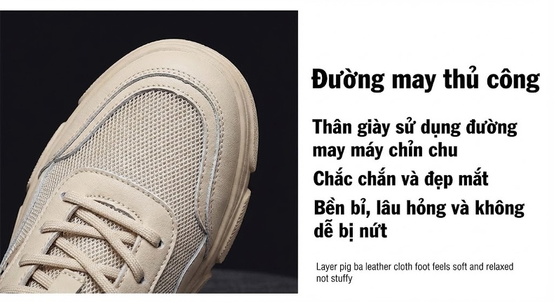 Giày Thể Thao/Sneaker Nam Lưới Thoáng Khí Da Mờ Chiều Cao Đế Khoảng 2cm Màu Be, Đen, Xám chi tiết 10