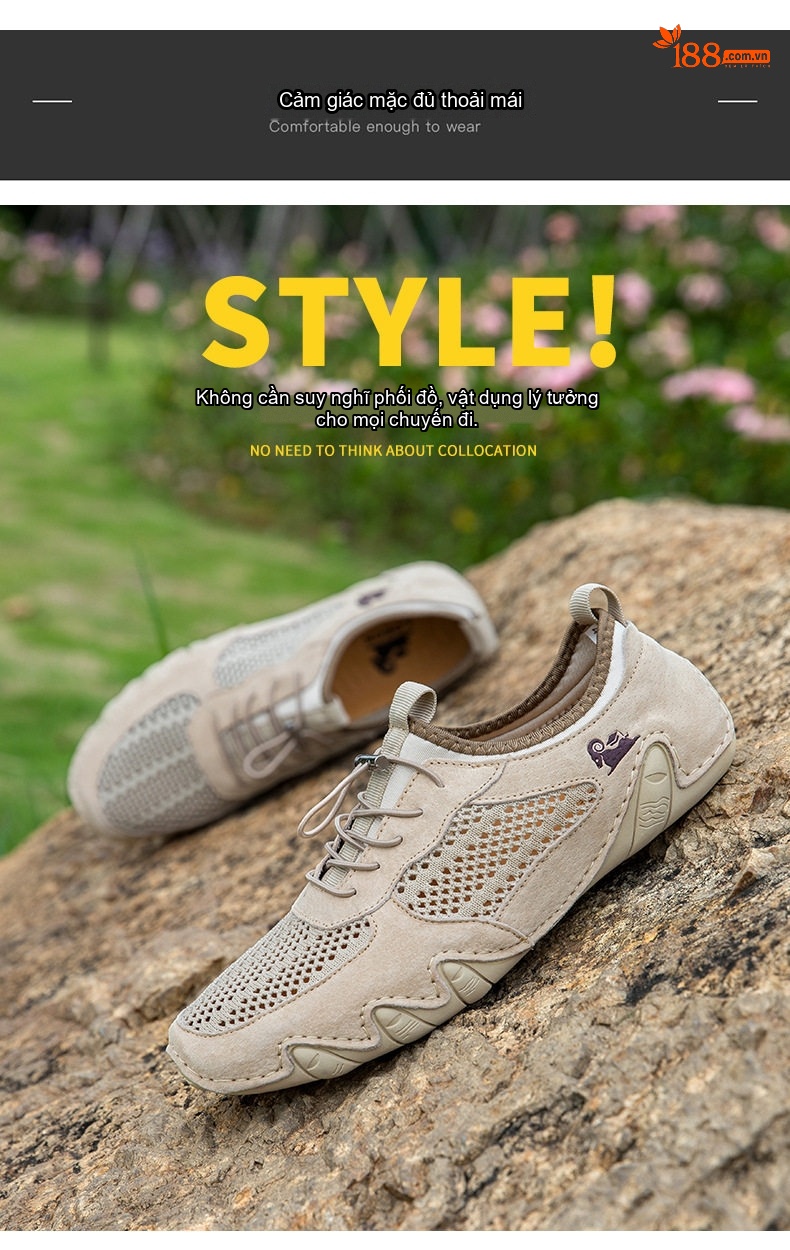 Giày Thể Thao/Sneaker Nam Lưới Thoáng Khí Da Mờ Chiều Cao Đế Khoảng 2cm Màu Be, Đen, Xám chi tiết 12