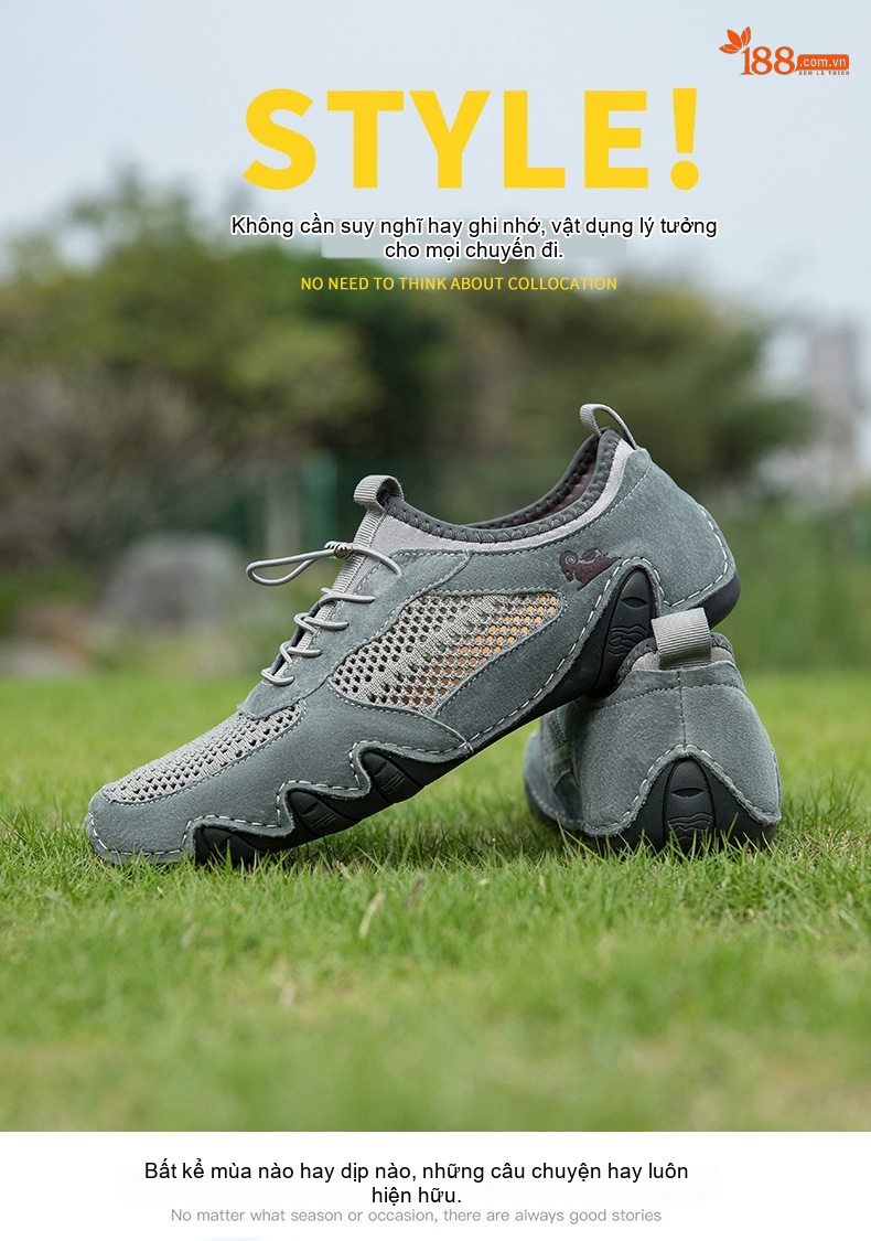 Giày Thể Thao/Sneaker Nam Lưới Thoáng Khí Da Mờ Chiều Cao Đế Khoảng 2cm Màu Be, Đen, Xám chi tiết 26