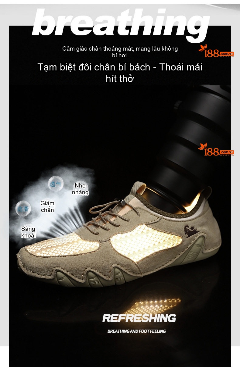 Giày Thể Thao/Sneaker Nam Lưới Thoáng Khí Da Mờ Chiều Cao Đế Khoảng 2cm Màu Be, Đen, Xám chi tiết 5