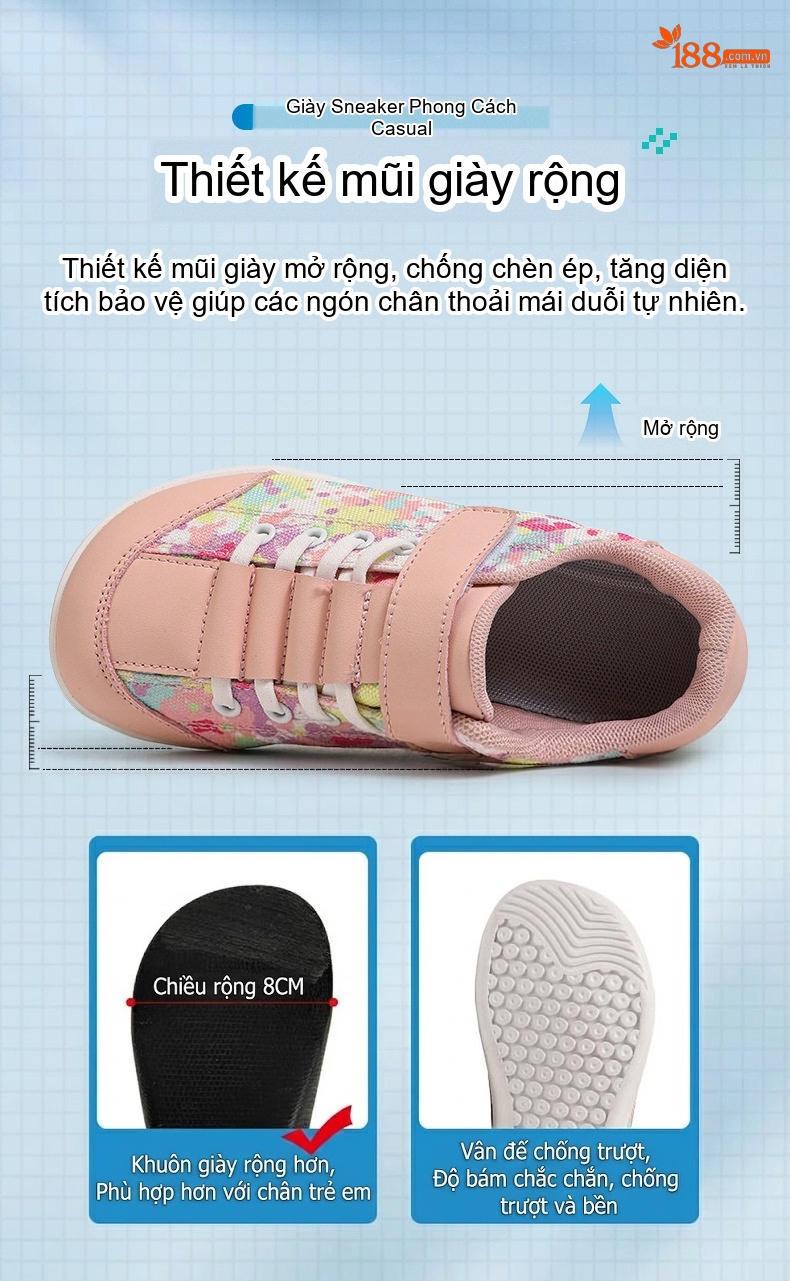 Giày thể thao trẻ em vải dệt mũi rộng, đế bệt cao 2 cm, dây buộc và dán chi tiết 10