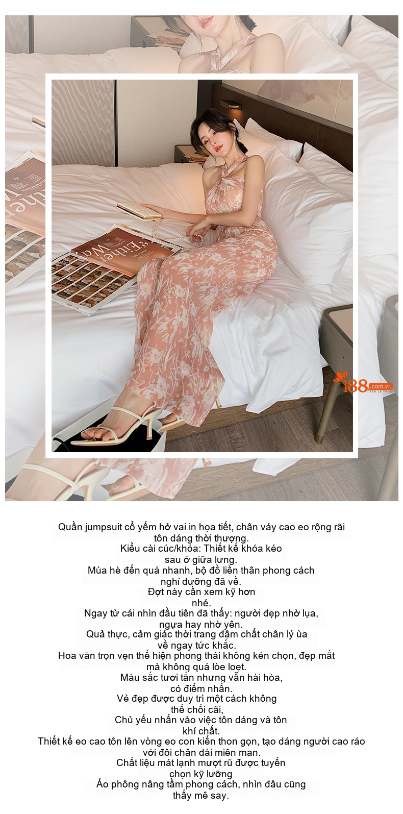 Jumpsuit Nữ Hở Vai Cổ Yếm In Hoa Ống Rộng Dáng Dài chi tiết 1
