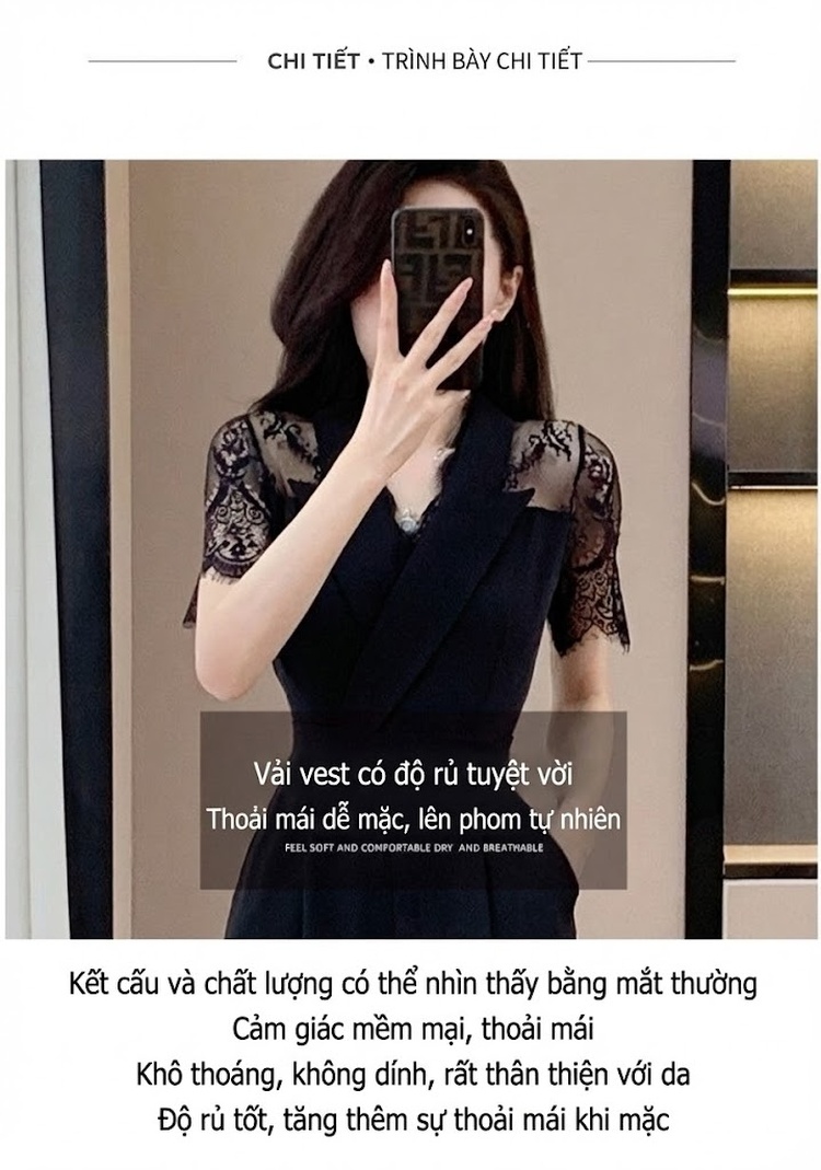 Jumpsuit Nữ Lửng Tay Phối Ren Cao Cấp Dáng Suông Màu Đen chi tiết 5