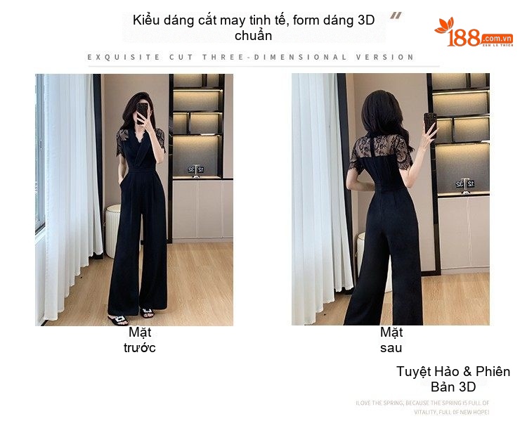 Jumpsuit Nữ Lửng Tay Phối Ren Cao Cấp Dáng Suông Màu Đen chi tiết 6