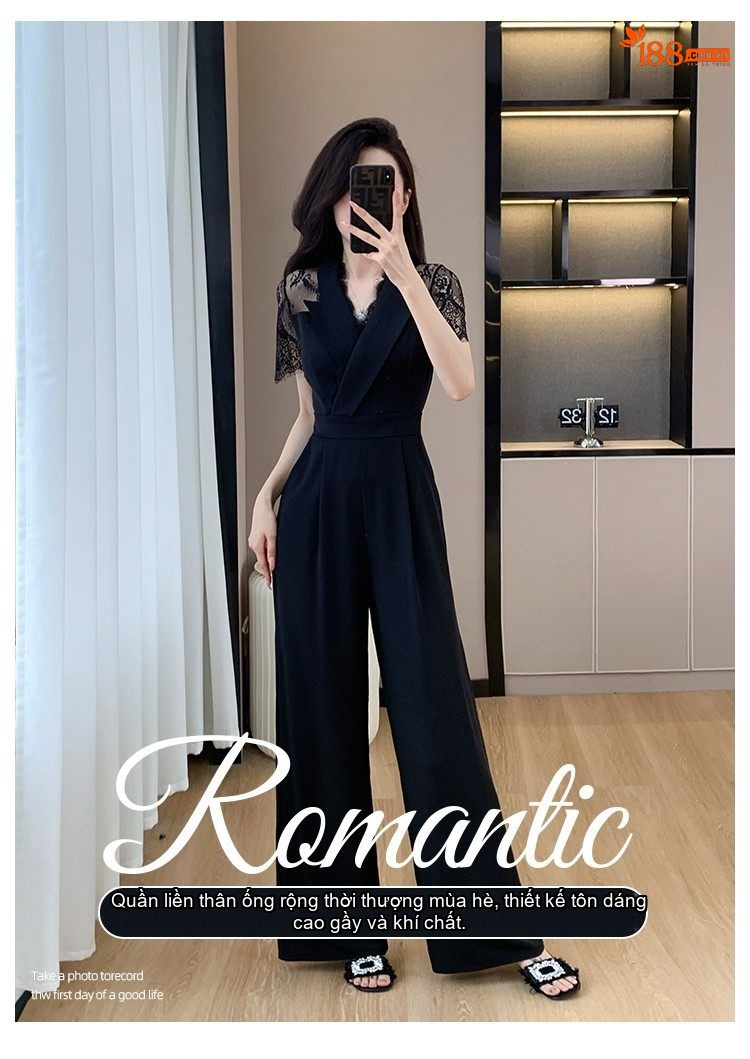 Jumpsuit Nữ Lửng Tay Phối Ren Cao Cấp Dáng Suông Màu Đen chi tiết 3