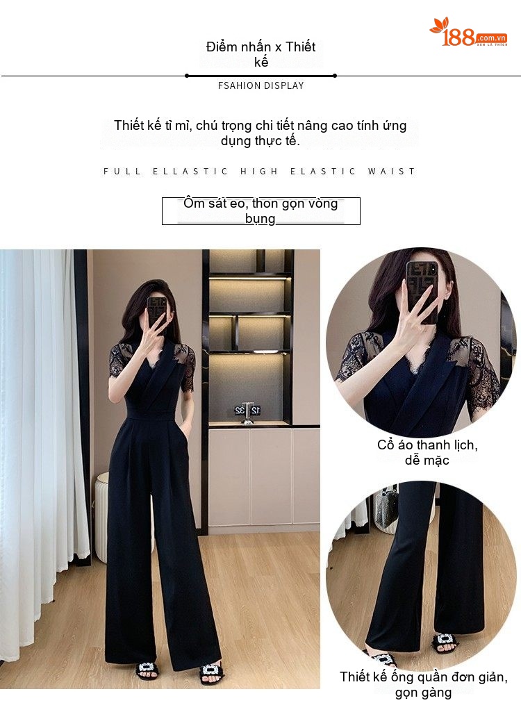 Jumpsuit Nữ Lửng Tay Phối Ren Cao Cấp Dáng Suông Màu Đen chi tiết 4
