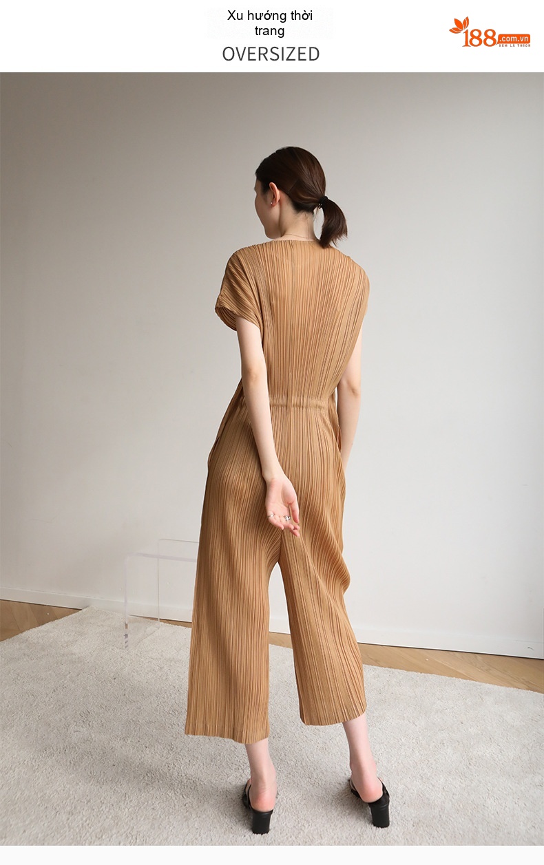 Jumpsuit Nữ Tay Ngắn Cổ Chữ V Dáng Ôm Eo Thiết Kế Xếp Ly Màu Nâu, Xanh Rêu, Xám, Xanh Navy chi tiết 2