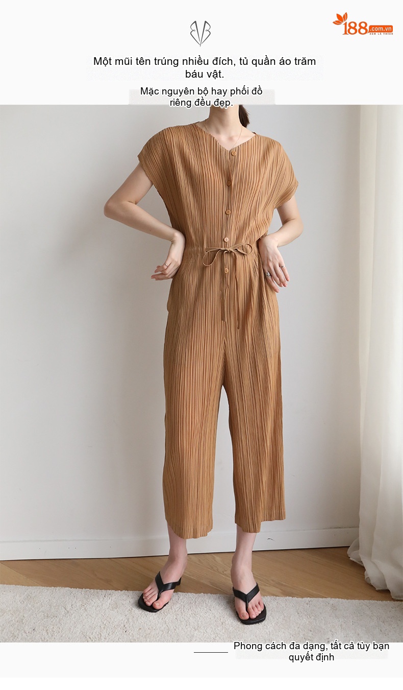 Jumpsuit Nữ Tay Ngắn Cổ Chữ V Dáng Ôm Eo Thiết Kế Xếp Ly Màu Nâu, Xanh Rêu, Xám, Xanh Navy chi tiết 3