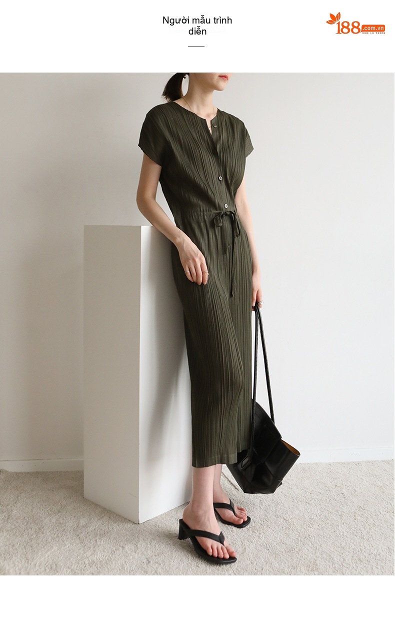 Jumpsuit Nữ Tay Ngắn Cổ Chữ V Dáng Ôm Eo Thiết Kế Xếp Ly Màu Nâu, Xanh Rêu, Xám, Xanh Navy chi tiết 6