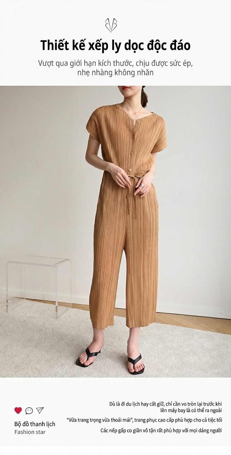Jumpsuit Nữ Tay Ngắn Cổ Chữ V Dáng Ôm Eo Thiết Kế Xếp Ly Màu Nâu, Xanh Rêu, Xám, Xanh Navy chi tiết 1