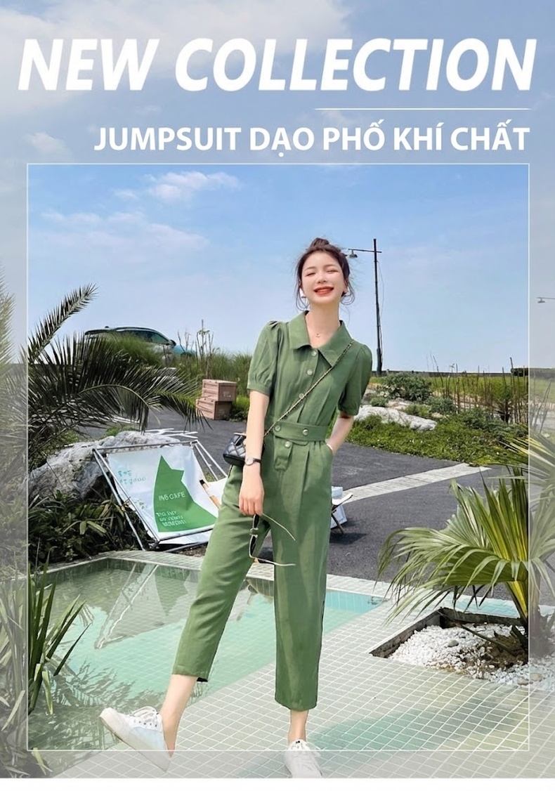 Jumpsuit Nữ Tay Ngắn Thiết Kế Dáng Rộng Eo Chun Phong Cách Công Sở Màu Xanh Lá, Đen chi tiết 1