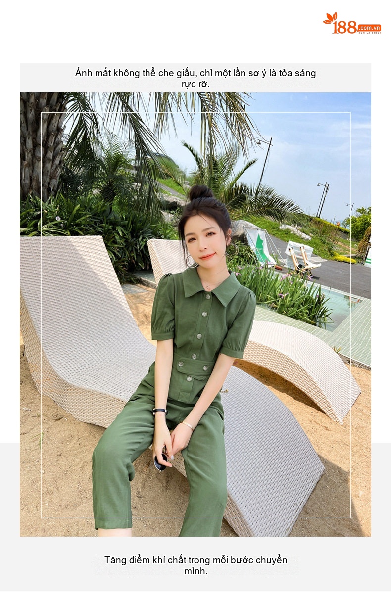 Jumpsuit Nữ Tay Ngắn Thiết Kế Dáng Rộng Eo Chun Phong Cách Công Sở Màu Xanh Lá, Đen chi tiết 2